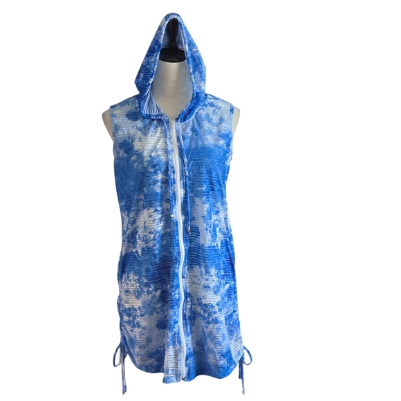 J Valdi Sleeveless Hooded Swim Cover Up Blue & White Full Zip Women size S - Picture 1 of 14